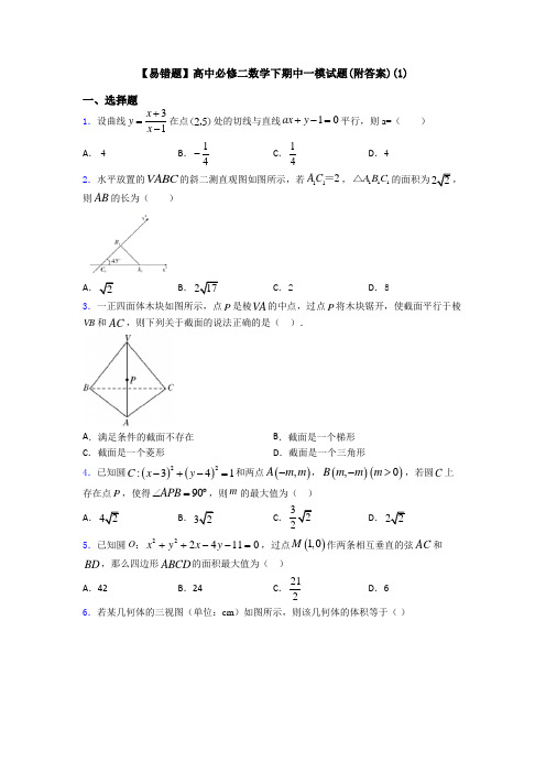 【易错题】高中必修二数学下期中一模试题(附答案)(1)