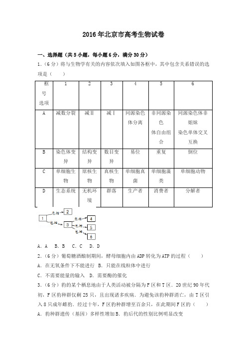 2016年北京市高考生物试卷