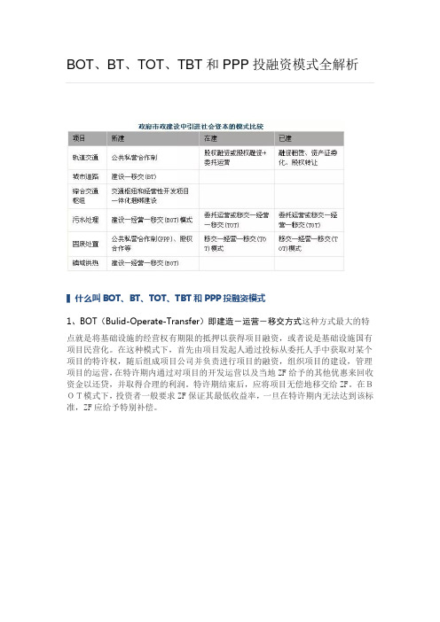 BOT、BT、TOT、TBT和PPP投融资模式全解析