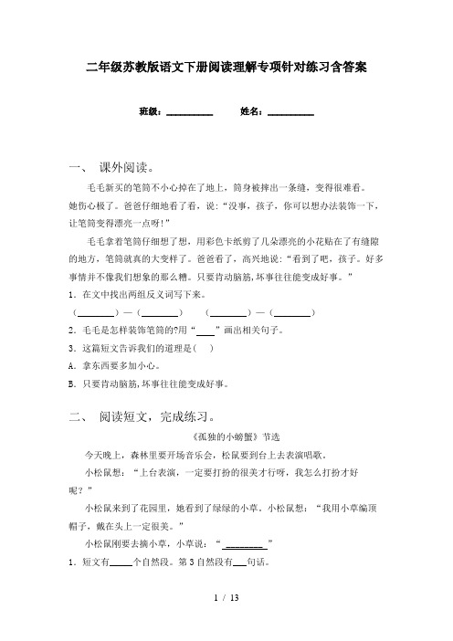 二年级苏教版语文下册阅读理解专项针对练习含答案