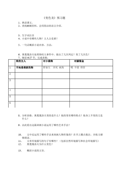 语文人教版九年级下册7.变色龙 预习提纲