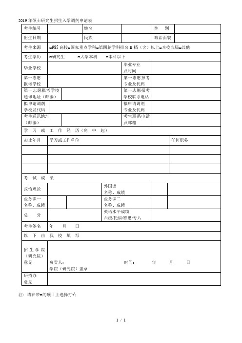 2019年硕士研究生招生入学调剂申请表