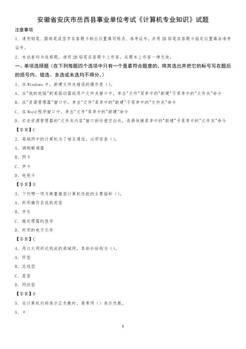 安徽省安庆市岳西县事业单位考试《计算机专业知识》试题