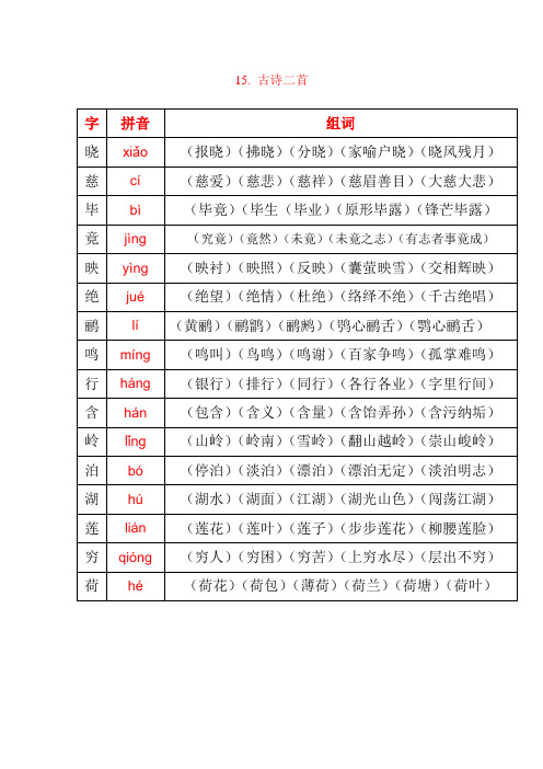 最新人教版二年级语文下册15《古诗二首》组词