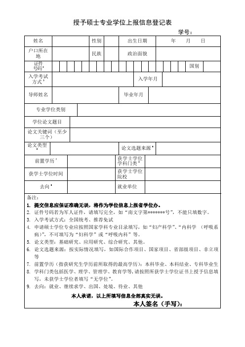 授予硕士专业学位上报信息登记表