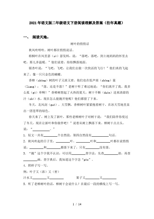 2021年语文版二年级语文下册阅读理解及答案(往年真题)