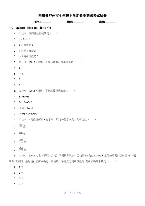 四川省泸州市七年级上学期数学期末考试试卷