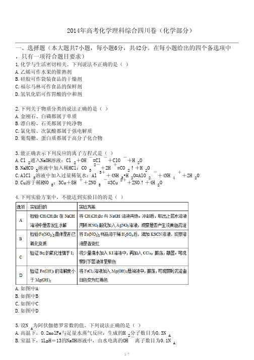 2014年高考化学理科综合四川卷(化学部分)