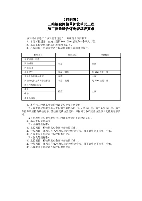 三维植被网植草护坡单元工程施工质量评定表(水利水电工程)