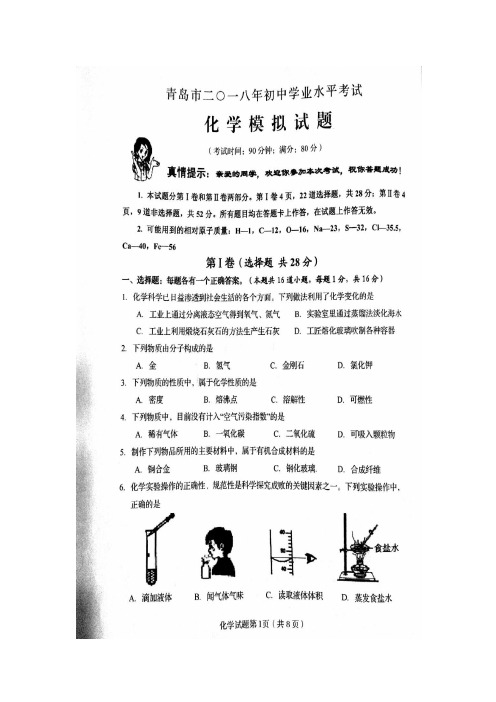 山东省青岛市2018届九年级学业水平考试(一模)化学模拟试题(扫描版)