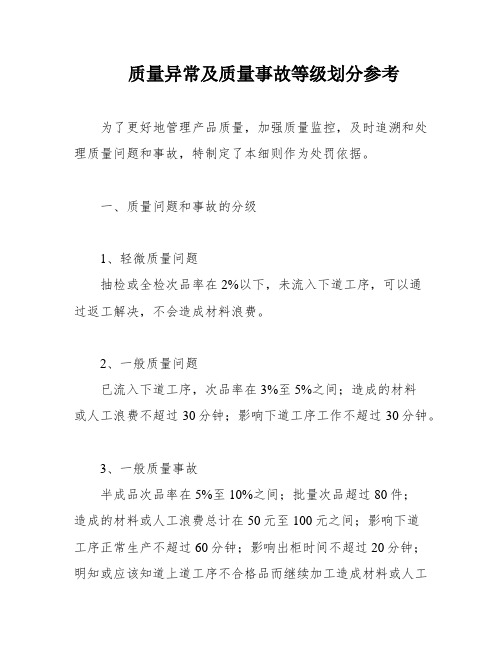 质量异常及质量事故等级划分参考