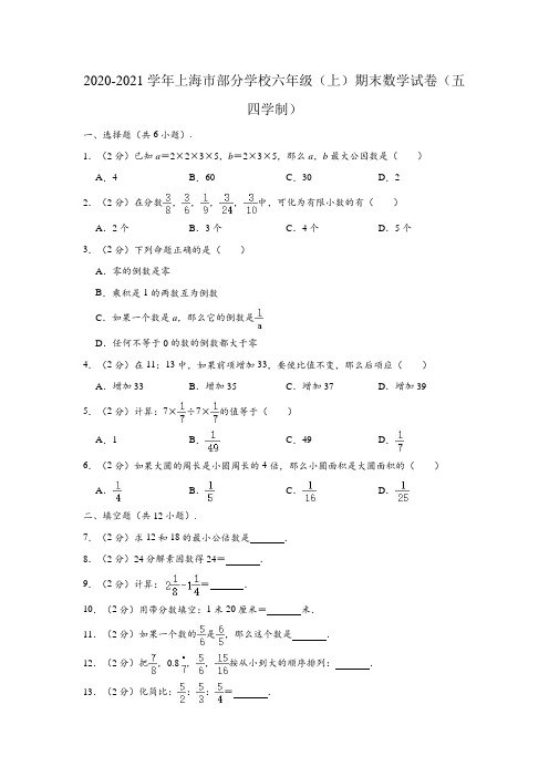 2020-2021学年上海市部分学校六年级(上)期末数学试卷(含解析)