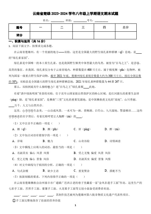 云南省楚雄彝族自治州2023-2024学年八年级上学期语文期末试卷(含答案)