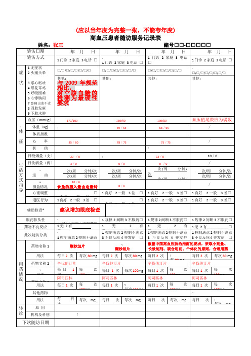 高血压患者随访服务记录表(填写样本)