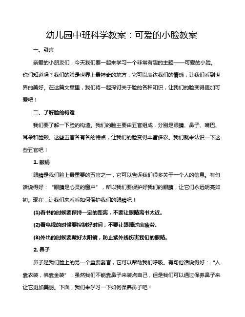 幼儿园中班科学教案：可爱的小脸教案