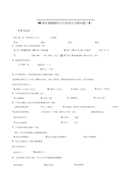 六年级下册试题-2019年湖南衡阳小升初语文冲刺试题2人教新课标含答案