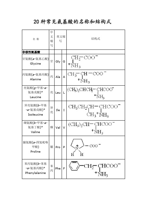 种常见氨基酸的名称和结构式