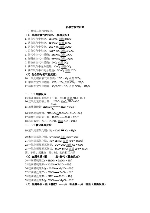 人教版九年级化学方程式汇总