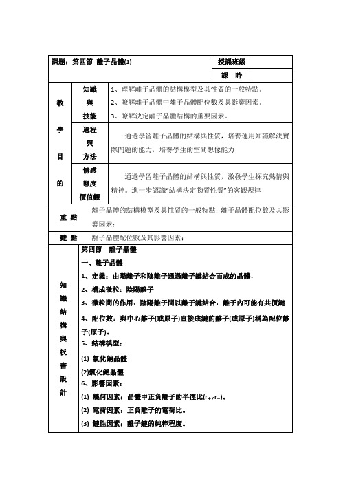 人教版高中化学选修三教案-离子晶体 第一课时