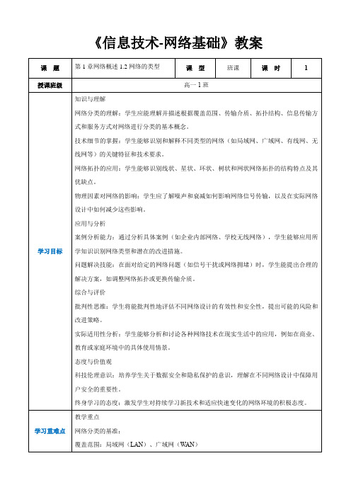 第1章网络概述1.2网络的类型 -高中教学同步《信息技术-网络基础》(教案)(人教-中图版2019)