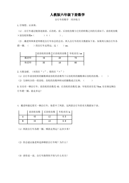 人教版六年级下册数学  自行车的数学  同步练习