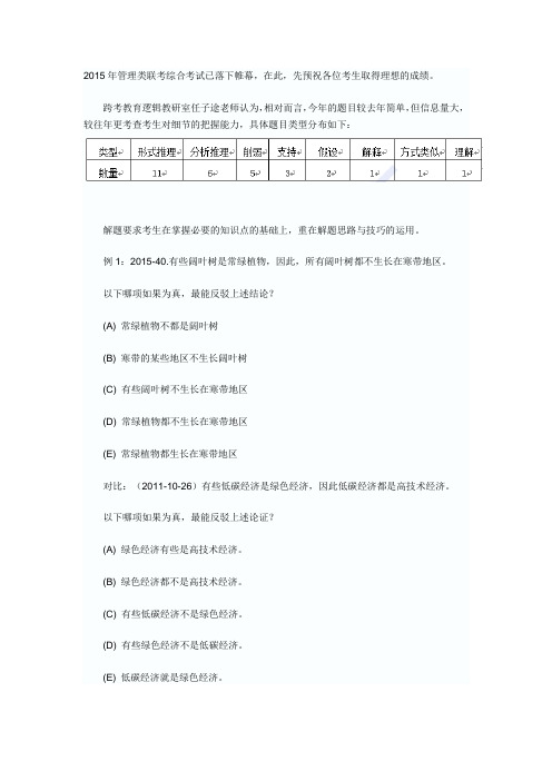 2015年管理类联考逻辑真题类型分布解析