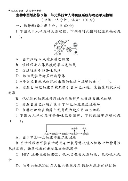 2013-2014学年高中生物中图版3单元检测：第1单元 第4章 人体免疫系统与稳态含答案