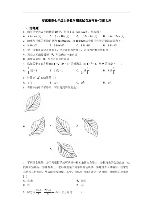 石家庄市七年级上册数学期末试卷及答案-百度文库