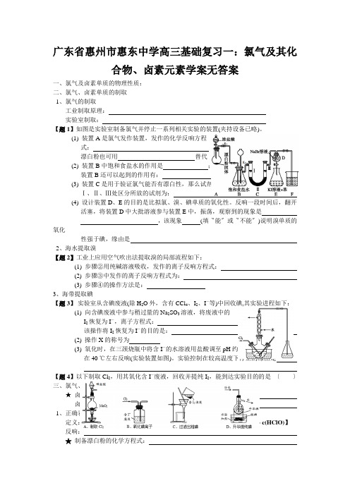 广东省惠州市惠东中学高三基础复习一：氯气及其化合物、卤素元素学案无答案