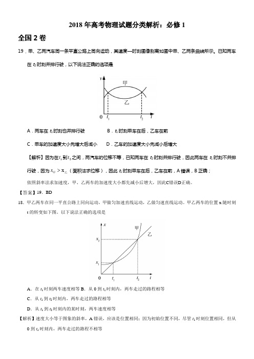 2018年高考物理试题分类解析必修1