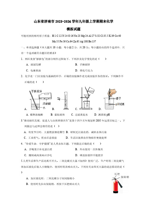 山东省济南市2023-2024学年九年级上学期期末化学模拟试题(含答案)