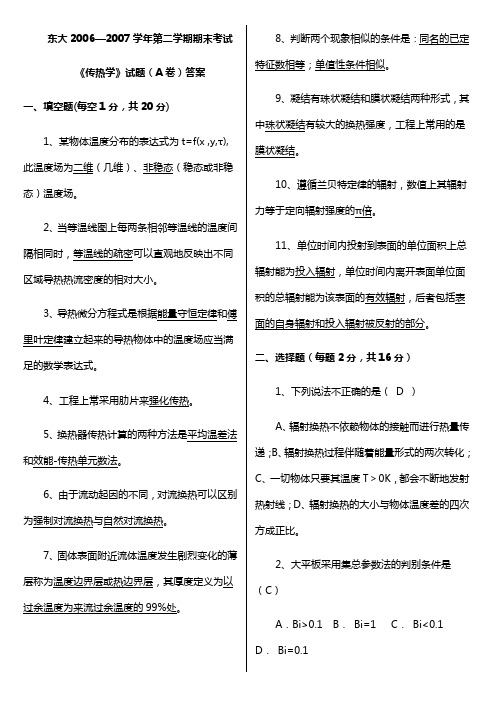 东大传热学考试真题试卷与解析