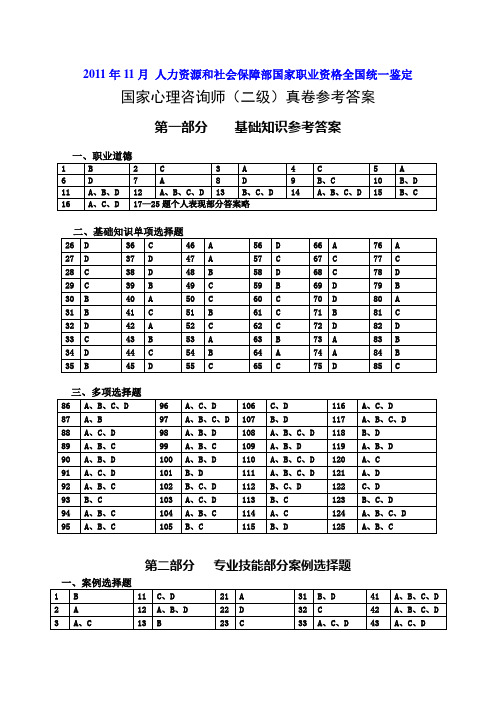 2011年11月心理咨询师真卷(二级)答案