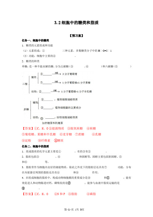 3.2 细胞中的糖类和脂质(导学案)高一生物(新教材北师大版必修1)