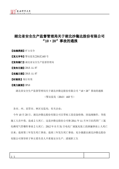 湖北省安全生产监督管理局关于湖北沙隆达股份有限公司“10·20”事