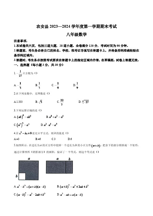 吉林省长春市农安县2023-2024学年八年级上学期期末考试数学试卷(含答案)