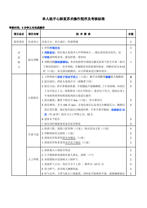 单人徒手心肺复苏术操作程序及考核标准