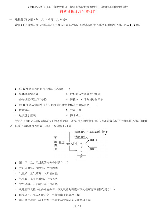 2020版高考(山东)鲁教版地理一轮复习课课后练习题卷：自然地理环境的整体性