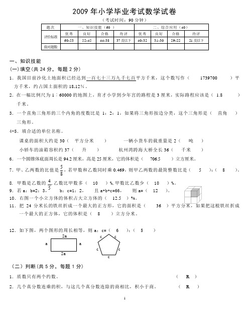 2009年小学毕业考试数学试卷答案