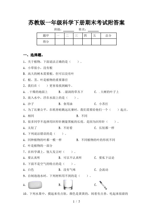 苏教版一年级科学下册期末考试附答案