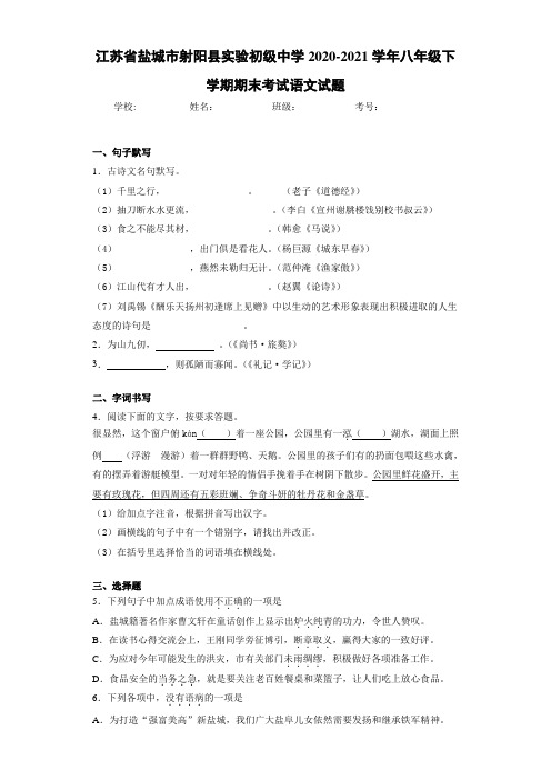 江苏省盐城市射阳县实验初级中学2020-2021学年八年级下学期期末考试语文试题