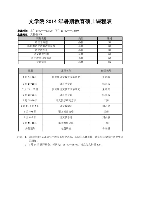 文学院 2014 年暑期教育硕士课程表