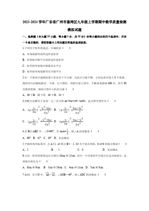 2023-2024学年广东省广州市荔湾区九年级上学期期中数学质量检测模拟试题(含解析)