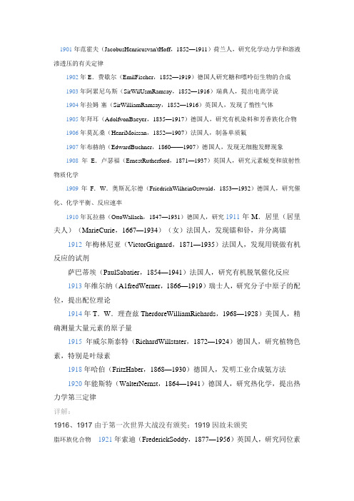 历年诺贝尔化学奖获奖名单