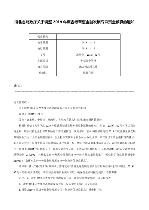 河北省财政厅关于调整2019年度省级普惠金融发展专项资金预算的通知-冀财金〔2019〕49号