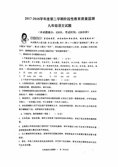 山东省青岛市市南区2018届九年级语文阶段性质量检测试题(pdf)