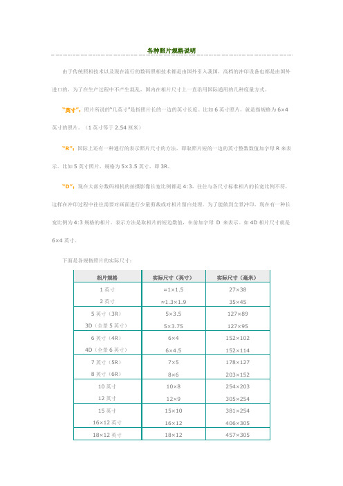 冲洗各种相片照片规格说明