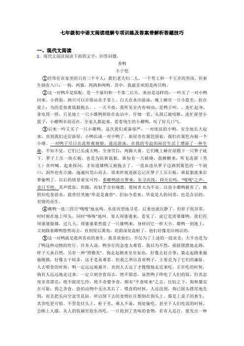 七年级初中语文阅读理解专项训练及答案带解析答题技巧