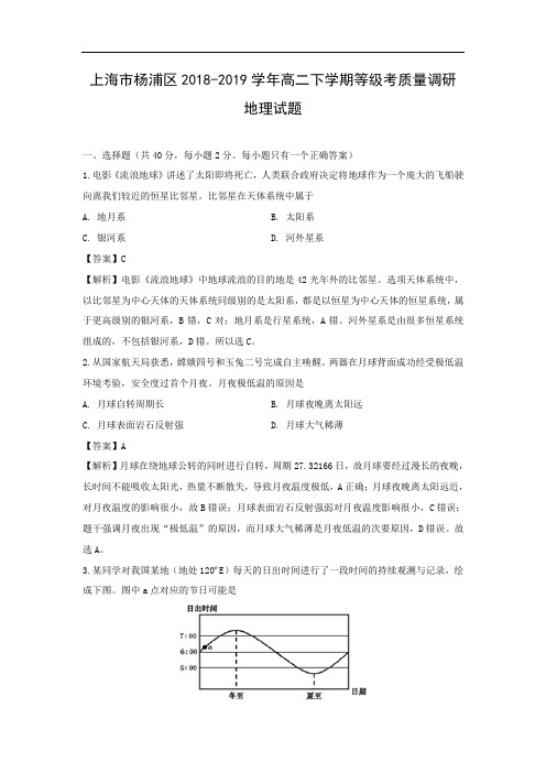 【地理】上海市杨浦区2018-2019学年高二下学期等级考质量调研试题(解析版)   