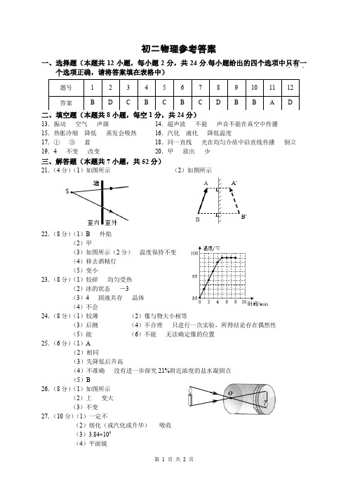 初二物理期中考试参考答案2016-11-7